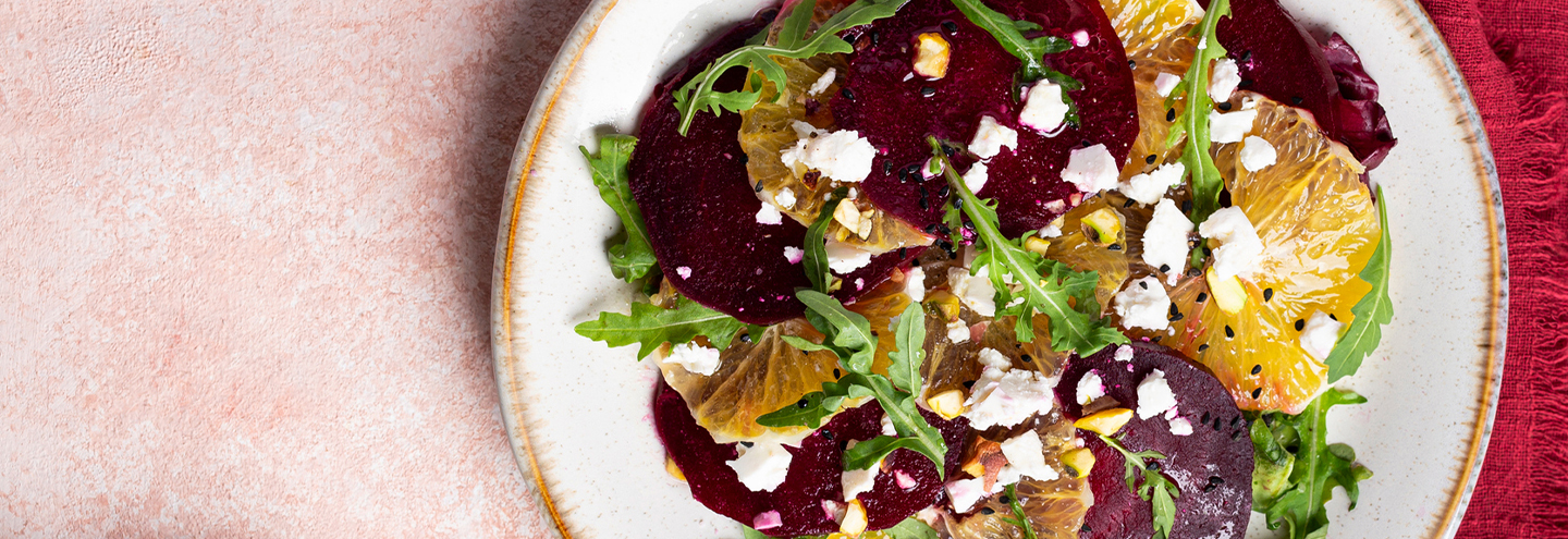 Imagem Carpaccio de beterraba, laranja, queijo de cabra e manjericão